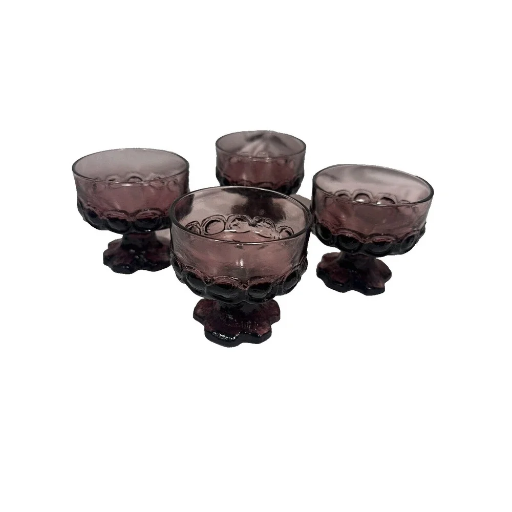 Vintage Amethyst Purple Glass Thumbprint Footed Dessert Bowls Sherbet Cups Set 4